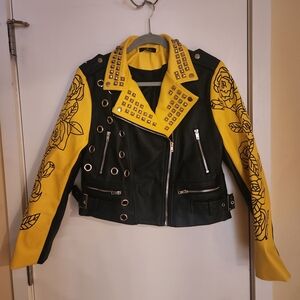 Yellow & Black Studded Floral Sleeve Moto Faux Leather Jacket